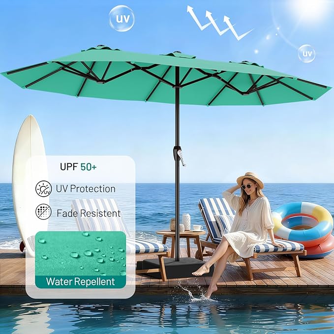 AreShark 15FT Outdoor Patio Umbrella with Crank, Large Rectangular Market Umbrella, Double-Sided Outdoor Umbrellas with Cross Base & Sandbag for Porch, Lawn, Pool, Backyard, Cerulean