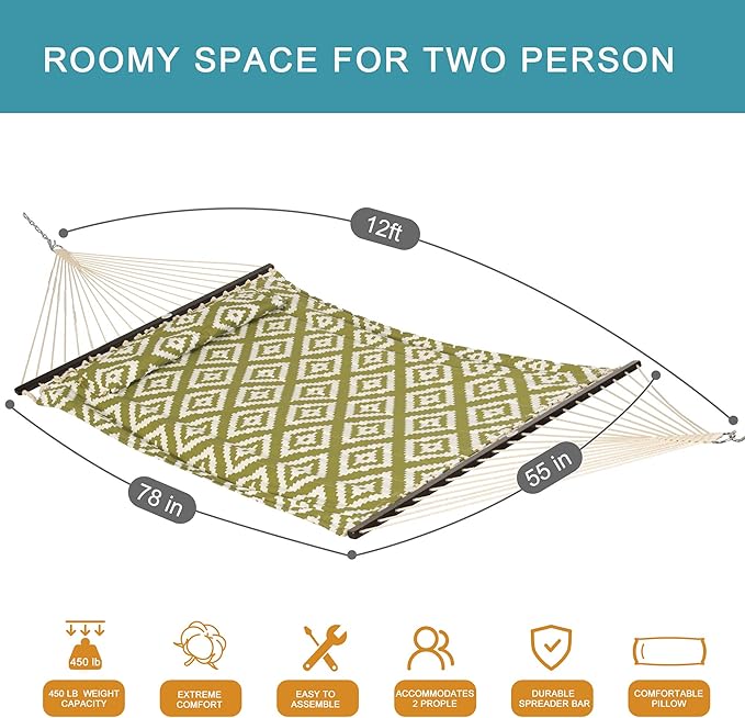 Lazy Daze Hammocks 12FT Quilted Fabric Hammock with Soft Pillow, Double 2 Person Tree Hammock with Spreader Bar for Outside Patio Poolside Backyard Beach, 450 lbs Capacity, Green Geometric