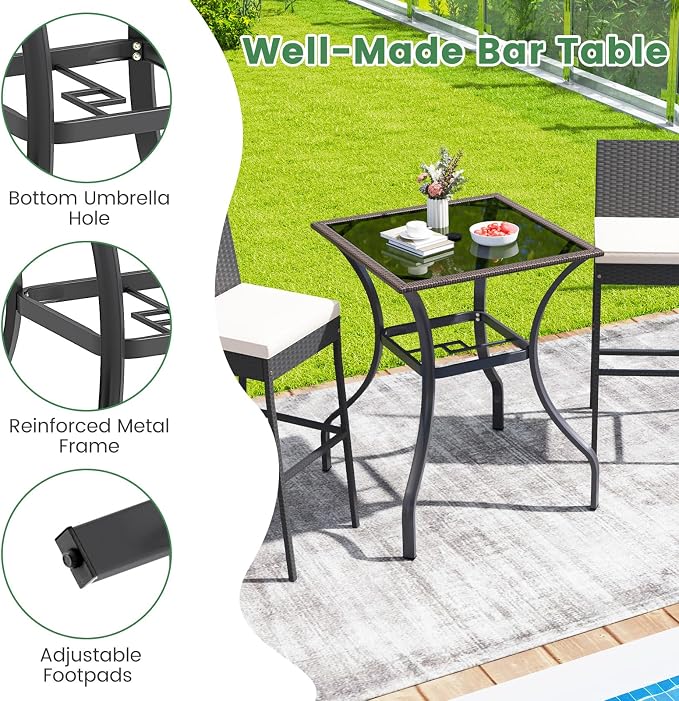 HAPPYGRILL Patio Bar Table, 28.5 x 28.5 inch Outdoor Bar Height Dining Table with Rattan Edge & Heavy-Duty Metal Legs, 2 inch Umbrella Hole, Square Bistro Bar Table for Poolside, Backyard, Balcony