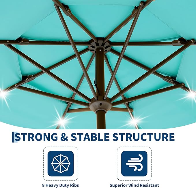 9FT 3-Tier Patio Umbrella with Solar LED Lights, Outdoor Table Umbrella with Tilt & Crank, Ventilated Large Market Umbrella with 8 Ribs, UV Protection for Deck, Pool, Garden