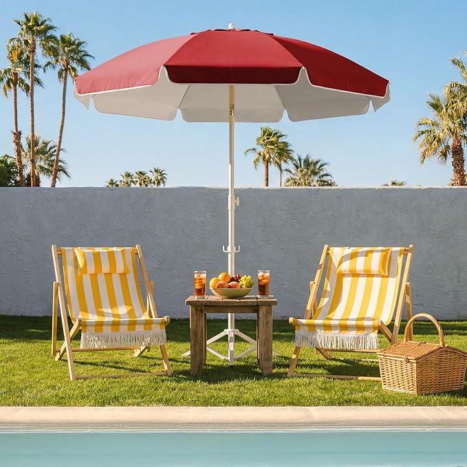 JEAREY 6.5ft Sun Shade Umbrellas, Portable Umbrella with Stand, Lightweight Sun Protection Free Standing Sport Umbrella for Outdoor Sports, Camping, Fishing, Patio, Beach, Red
