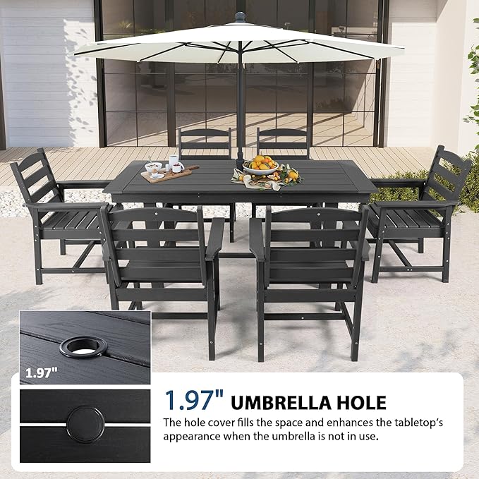 MELLCOM 7 Pieces Patio Dining Table Sets, Outdoor HDPE Dining Furniture Set with Umbrella Hole Table and 6 Chairs for Deck, Garden, Backyard