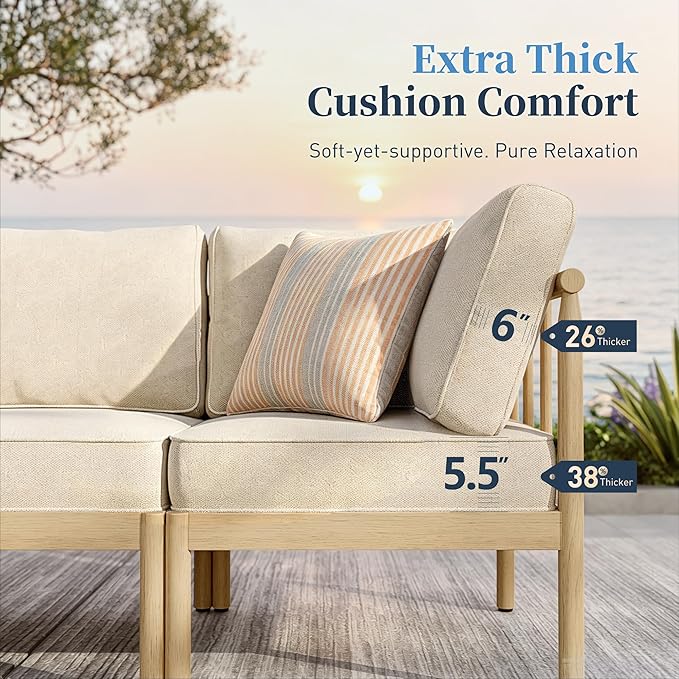 SUNSHINE VALLEY Patio Furniture,Acacia Wood Outdoor Sectional Sofa with 5.5" Ultra-Thick Cushions,L/U Shaped Modular Patio Conversation Set,Lawn Garden Backyard Couch Set with Nesting Tables,Beige