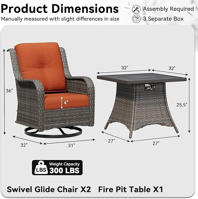3 Pieces Outdoor Wicker Patio Furniture Set with Fire Pit Table, Swivel Rocker Patio Chairs Set with Thickened Cushions, High Back and Deep Seating, Hand-Woven PE Rattan for Porch, Deck