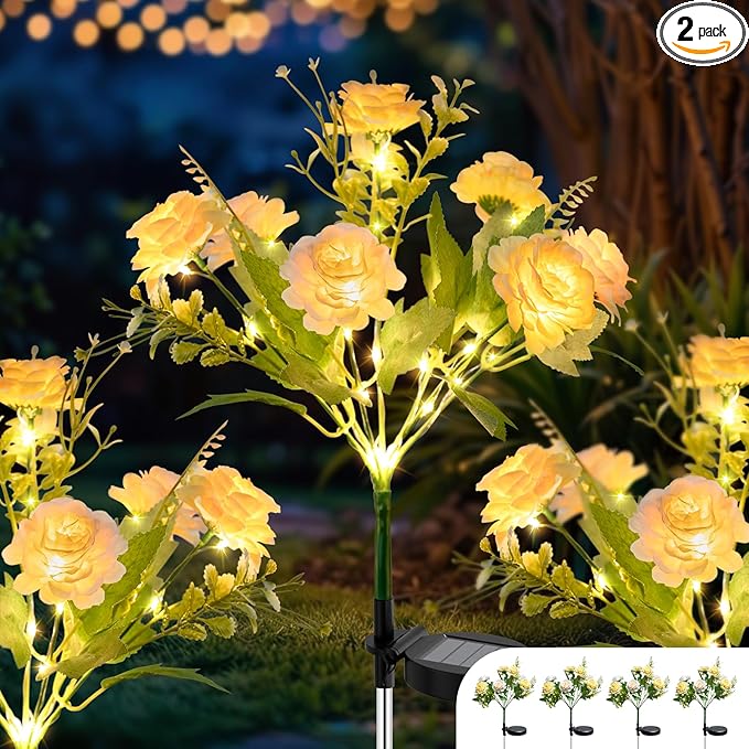 4 Pack Solar Garden Lights Outdoor, 42" Tall 42 LEDs Hibiscus Solar Flower Lights, IP65 Waterproof Decorative Landscape Lighting for Pathway Patio Yard Walkway Decor (Warm White)