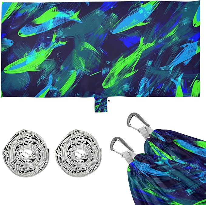 Neon Blue and Dark Green Fish 330lb Capacity Outdoor Hammock with Hanging Rope Portable Hammock for Outside Beach Patio Garden hamaca para adultos