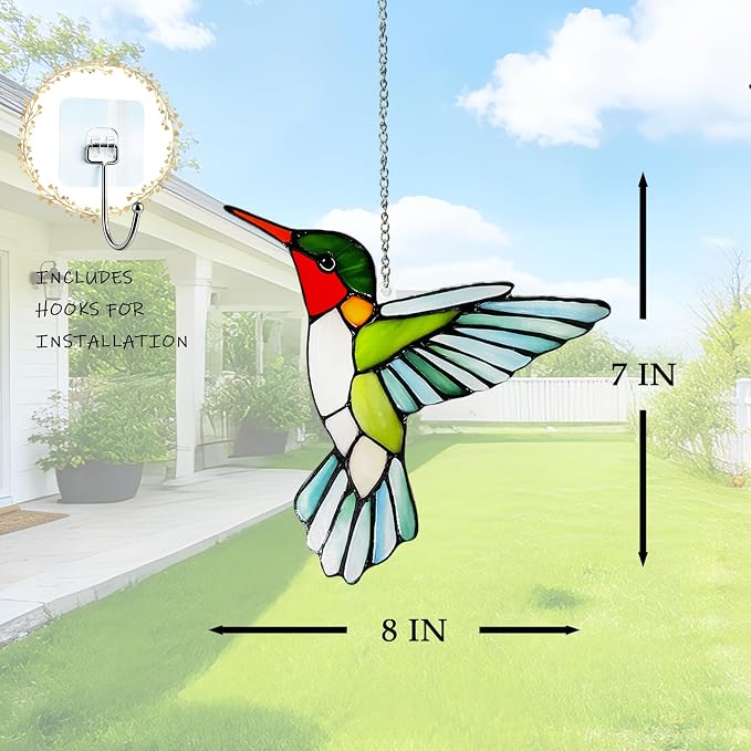 Hummingbirds Suncatcher Stained Glass, Hummingbird Suncatcher Ornament, Hummingbird Suncatcher for Grandma/Mom/Women (Green)