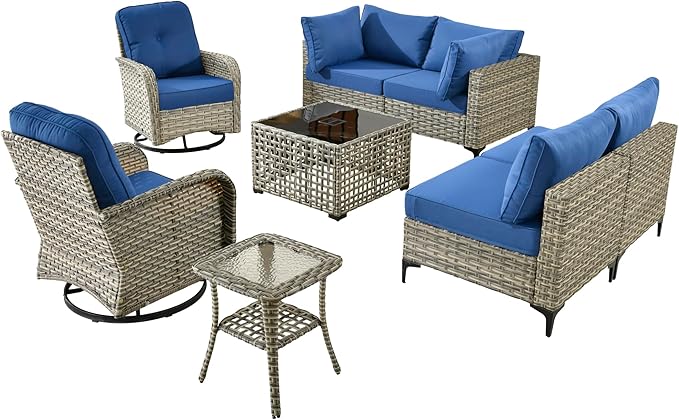 Outdoor Patio Furniture Sets, 8 PCS Patio Conversation Set Outside Rattan Sectional Sofa with Wicker Rocking Chairs Coffee Table Soft Cushion Fit Backyard Porch Garden Poolside Balcony
