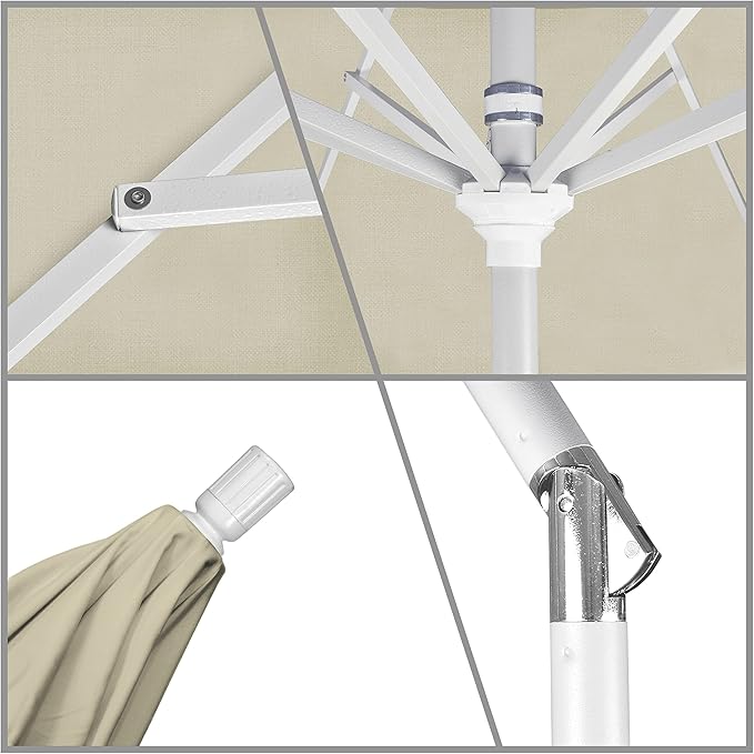 California Umbrella 9' Round Aluminum Patio Umbrella, Crank Lift, Collar Tilt, White Pole, Antique Beige