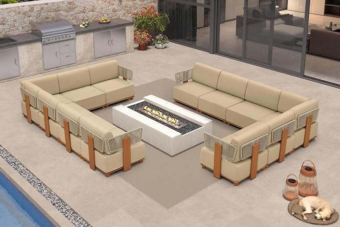 PURPLE LEAF Patio Furniture Set Modular L-Shaped Outdoor Sectional Sofa with 11" Thick Olefin Cushion 12-Piece Outdoor Conversation Set with Coffee Lights for Patio Backyard Garden Poolside, Beige