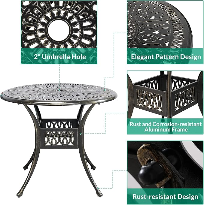 VIVIJASON 5-Piece Outdoor Patio Dining Set, All-Weather Cast Aluminum Conversation Set, Patio Furniture Set for Balcony Lawn Garden, Include 4 Cushioned Chairs, a 35.4 inch Round Table w/Umbrella Hole