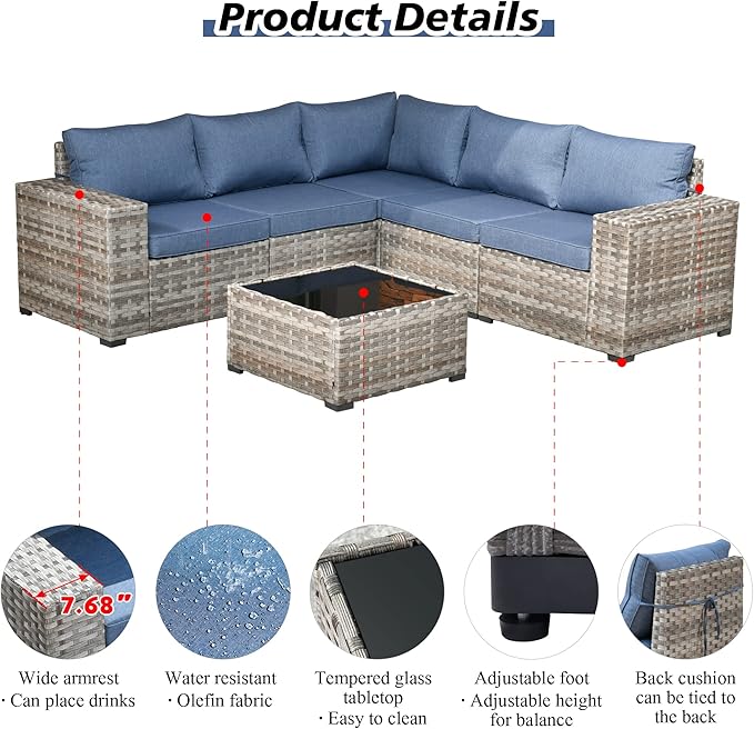 HOOOWOOO Outdoor Patio Sectional Furniture Sofa Set with Widened Armrest,6 Piece Small Modern Wicker Couch,Modular L Shaped Conversation Seating Set with Table for Out Door Garden Corner(Denim Blue)