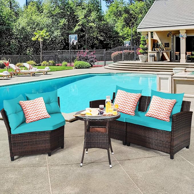 Tangkula 4-Piece C Shape Patio Furniture Set, Outdoor Corner Wicker Rattan Sectional Cushioned Sofa Set, with Glass Coffee Table, for Garden Poolside Balcony (Turquoise)