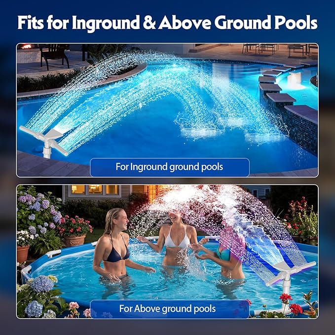 Mooroer Solar Pool Fountain with 9-Color LED Lights, Dual-Head Adjustable Waterfall Sprinkler, Cools Water 10-20°F, Remote Control & Light Sensor for Above/Inground Pools, Relaxation & Party Decor