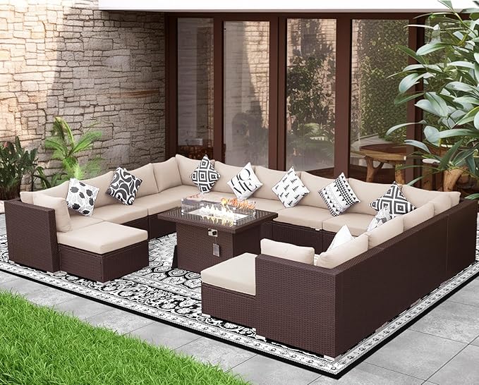 NICESOUL 15 Piece Outdoor Sectional with Fire Pit Table, Modern Luxury Patio Deep Seating w/Firepit, 29.3'' High-Back Wicker Couch Thick, Big High-Weight Capacity Sofa for Garden, Yard, Brown & Beige
