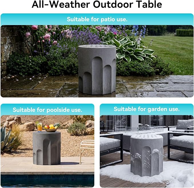 COSIEST Outdoor Side Table, 16.9" Modern Concrete End Table w Chessboard for Patio,Lightweight Round Outside Accent Table & Plant Stand for Garden, Porch, Deck, Balcony，Grey