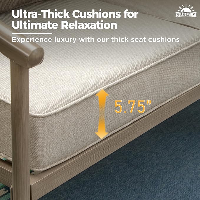 4 Piece Metal Outdoor Patio Furniture Sets, Unique Windsor Style Patio Conversation Sets 1 3-Seater Sofa, 2 Single Sofas and Coffee Table with 5.75" Thick Cushion, Backyard Furniture