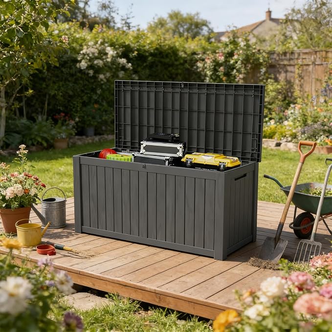 FEFLO 150 Gallon Waterproof Resin Deck Box, Heavy-Duty Outdoor Storage Box | Lockable Lid & UV-Resistant Patio Storage Chest for Garden Tools, Pool Accessories, Package Delivery, Toys, Furniture