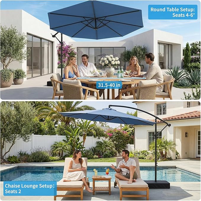 10ft Cantilever Offset Patio Umbrella with Base, Large Outdoor Patio Umbrella, 360° Rotation & Easy Tilt Adjustment, UV Protection Waterproof Patio Umbrellas for Backyard, Garden, Patio, Deck, Pool