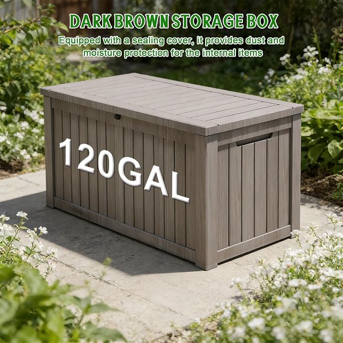 120 Gal Waterproof Outdoor Storage Deck Box, UV-Resistant & Lock Lid Resin | Heavy-Duty Large Patio Outside Cushions for Garden Tools,Pool Accessories,Package Delivery,Chest,Toys,Furniture
