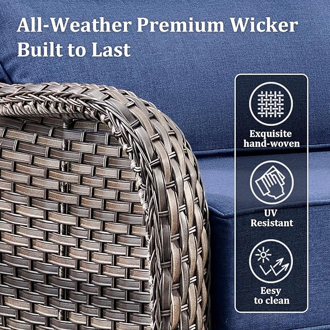 Luxury High Back Patio Furniture Set with 6-Inch Thick Cushions, 5-Pieces Outdoor Furniture with Swivel Chairs, Wicker Conversation Set for Porch, Balcony, Deck and Yard, Grey/Blue