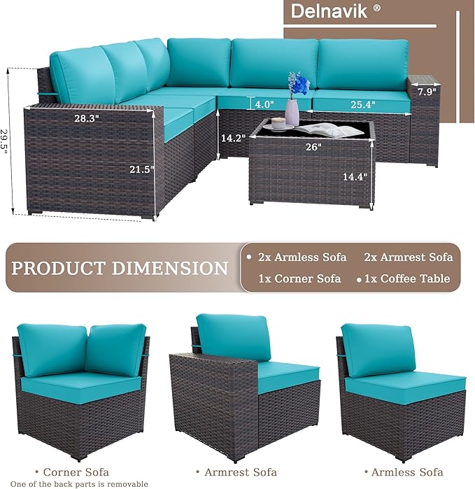 Patio Furniture Set Sofa 6-Pieces Wicker Sectional Sofa Set, Outdoor Furniture Rattan Patio Conversation Set with Thickened Cushion and Glass Coffee Table, Blue