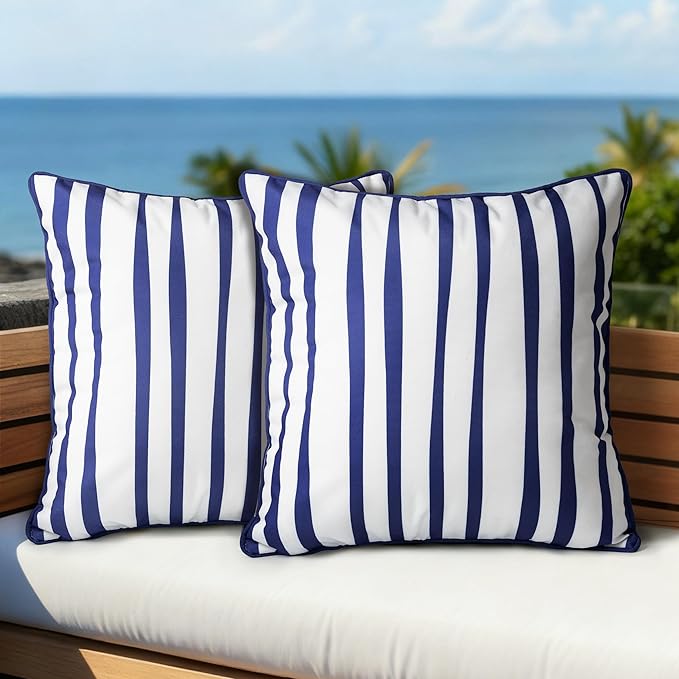 AELS Outdoor Pillow Covers 18x18 Inch, Water-Resistant Decorative Pillow Covers Pack of 2, Throw Pillow Case for Patio Furniture Tent Garden, Navy Blue White Striped, Cover ONLY