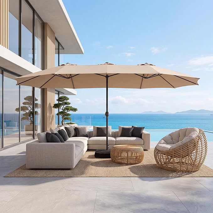 COSIEST 15FT Patio Umbrella with Base Included, Outdoor Double-Sided Table Umbrella,Large Rectangular Market Umbrella w Crank Handle for Garden, Pool, Deck Shade, Khaki
