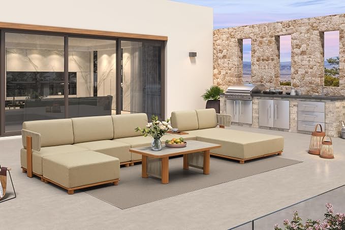 PURPLE LEAF Patio Furniture Set Modular U-Shaped Outdoor Sectional Sofa with 11" Thick Cushion 7-Piece Outdoor Conversation Set w/Daybed & Coffee Lights for Poolside Ottomans & Table Included, Beige