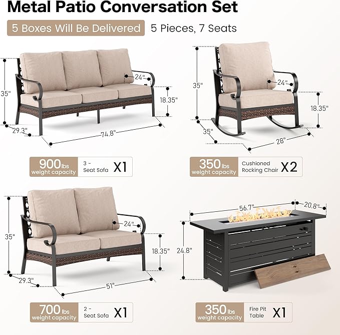 5 Piece Metal Outdoor Patio Furniture Set with Firepit Table, Patio Conversation Sets 1 3-Seater Sofa, 2-Seater Loveseat, 2 Rocking Chairs with 5.75" Cushion for Backyard Deck, Beige