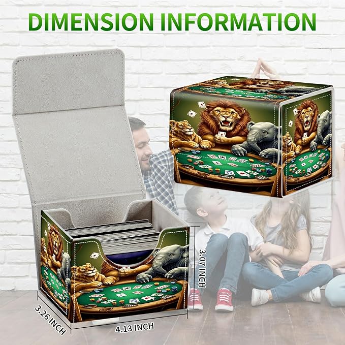 Card Deck Box for MTG, Cards Storage Box Fits 120+ Sleeved, Leather Small Size Strong Magnetic Closing Card Case for Board Games Magic TCG CCG Baseball Collection, Elephant Lion