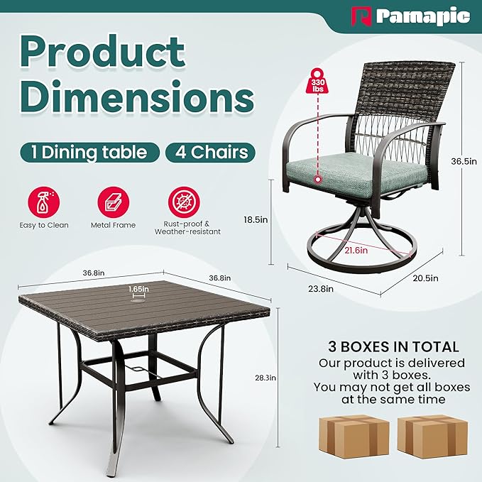 Pamapic 5-Piece Outdoor Dining Set, Rattan Patio Furniture with Swivel Chairs, Iron Slats Table & Removable Cushions for Deck, Backyard, Garden, Green