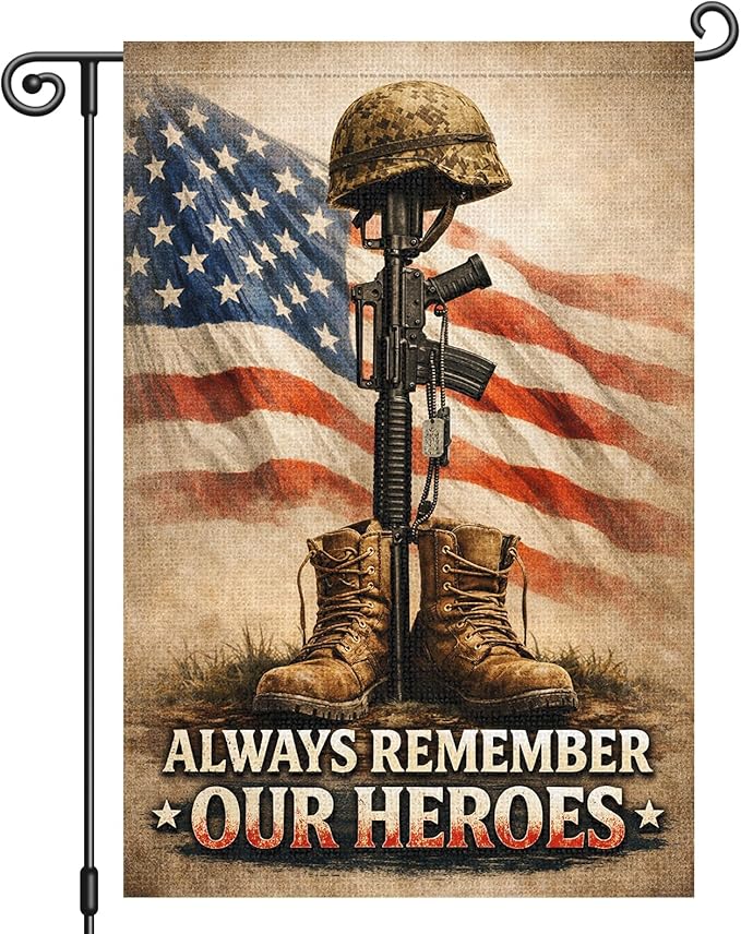 Heyfibro Always Remember Our Heroes Memorial Day Garden Flag 12x18 Inch Double Sided Veteran American Soldier Shoes Flags Patriotic 4th of July Garden Flag for Outside Yard Decorations