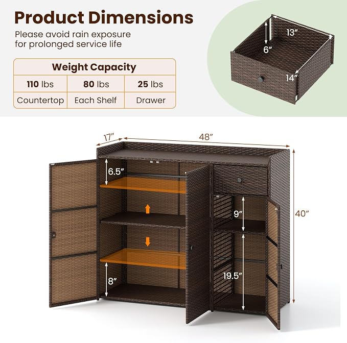 HAPPYGRILL Outdoor Rattan Wicker Deck Box Storage Cabinet, Patio Sideboard Buffet Cabinet with Adjustable Shelves and Drawer, Outside Console Bar Table for Garden Poolside