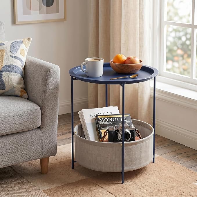 VECELO Round Side/End Table with Fabric Storage Basket，Metal Anti-Rust and Waterproof Small Bedside Nightstand with Removable Tray Top for Living Room，Balcony & Laundry，Blue /1pcs with Basket