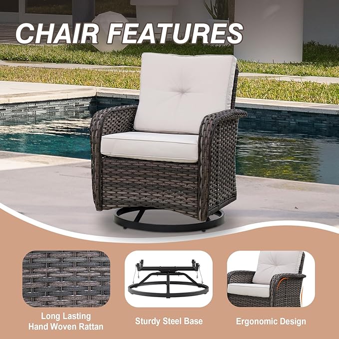COOS BAY Vintage Courtyard Patio Furniture Set, Wicker Outdoor Furniture, Patio Conversation Sets, 2 Swivel Rockers, Loveseat, Coffee Table and Side Table, 5 Pieces, Gray/Beige