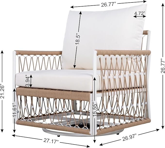 Christopher Knight Home Janna 3-Piece Bohemian Outdoor Patio Furniture Set, Set of 2 Swivel Lounge Chairs with Cushions & Glass Top Side Table, Patio Conversation Set for Garden, Beige + Natural