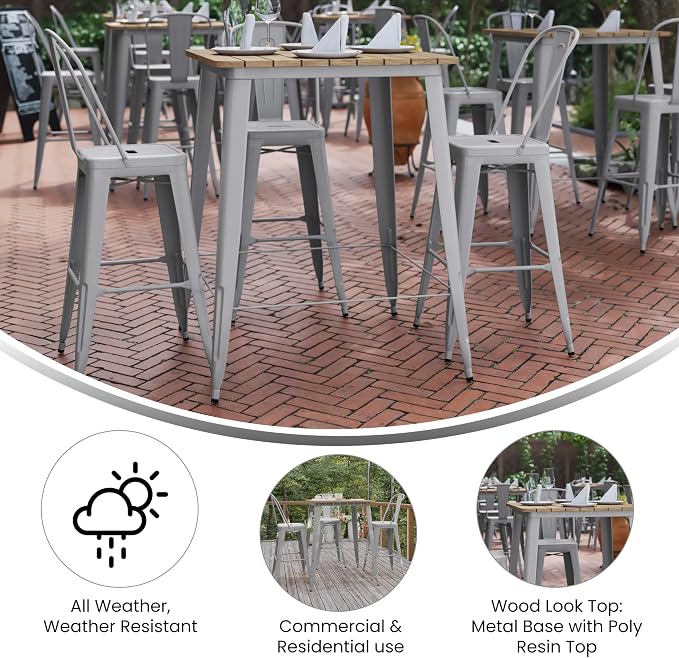 BizChair Commercial Outdoor Dining Table Bar Height, All Weather Poly Resin Top with Steel Base, 31.5" Square, Brown/Silver