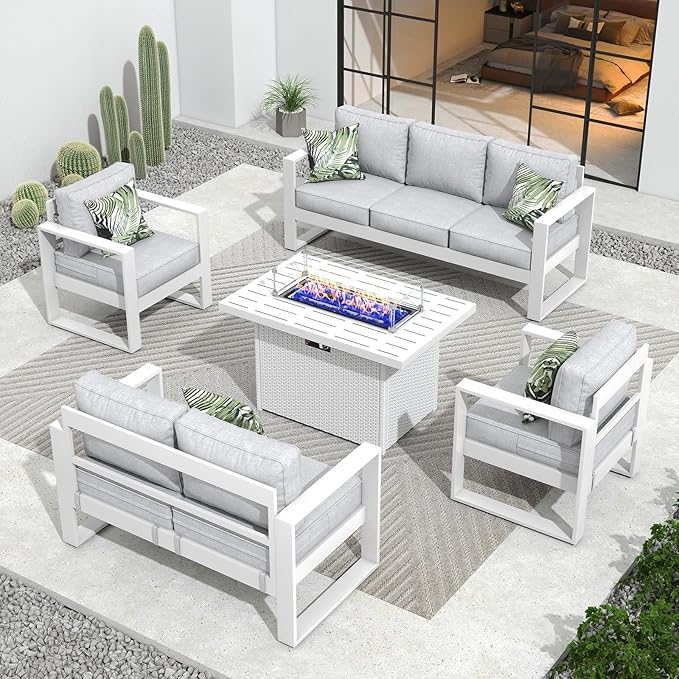 Outdoor Aluminum Furniture Set with Fire Pit Table - 5 Pieces Modern Patio Conversation Sets Metal Sectional Sofa Set