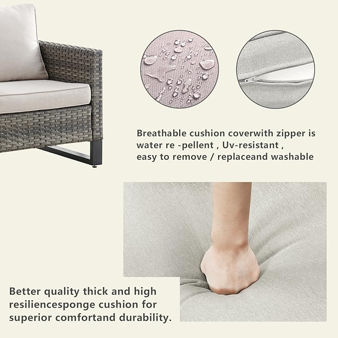 Wicker Outdoor Patio Furniture Set - 5 Piece Patio Conversation Set with 2 Wicker Armrest Chairs,2 Rattan Ottoman and 1 Metal Side Table for Outside Porch Deck Backyard Garden(Mixed Grey/Beige)