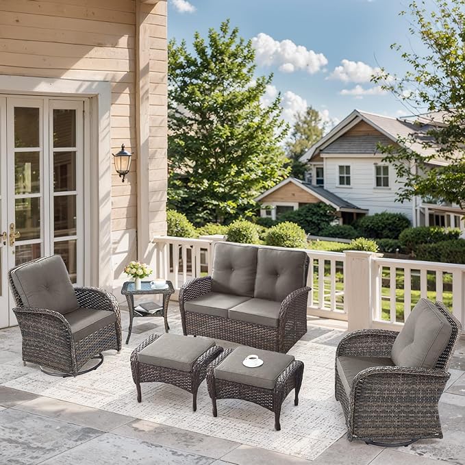 6 Pieces Patio Wicker Furniture Set-Outdoor Swivel Chairs Set of 2 Outdoor Glider Love seat with Outdoor Footstool Patio Furniture for Deck Porch Garden Balcony Poolside-Brown/Grey