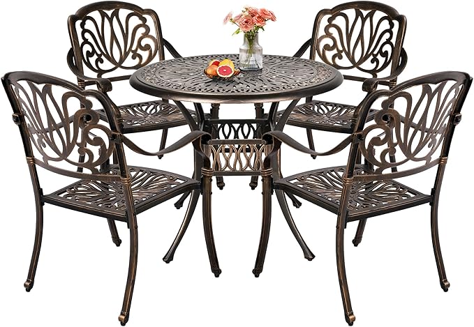 Grepatio 5 Piece Outdoor Dining Set Cast Aluminum Patio Dining Set Outside Furniture 4 Chairs and 1 Umbrella Table for Lawn Garden Patio (Round Table and Chairs)