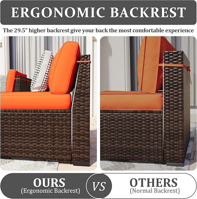 Patio Furniture Set, 5 Pieces Outdoor Sectional Sofa Set, PE Wicker Rattan Slanted Back Outdoor Conversation Set with Cushions and Glass Coffee Table, Orange