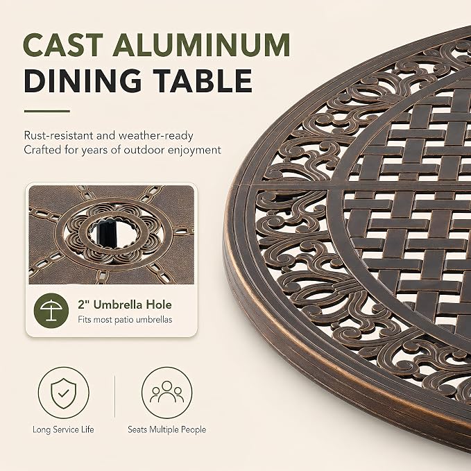 5 Piece Outdoor Dining Set Cast Aluminum, Retro Patio Dining Furniture Set for 4 Includes 54’’ Round Table 4 Chairs with Thicker Cushion and Umbrella Hole for Patio Deck Garden