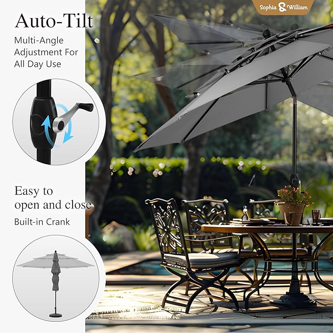 Sophia & William 10ft 3 Tier Auto-tilt Patio Umbrella,Wind Resistent,Outdoor Patio Umbrellas Double Vented Umbrella with Crank for Pool Garden Backyard, Grey