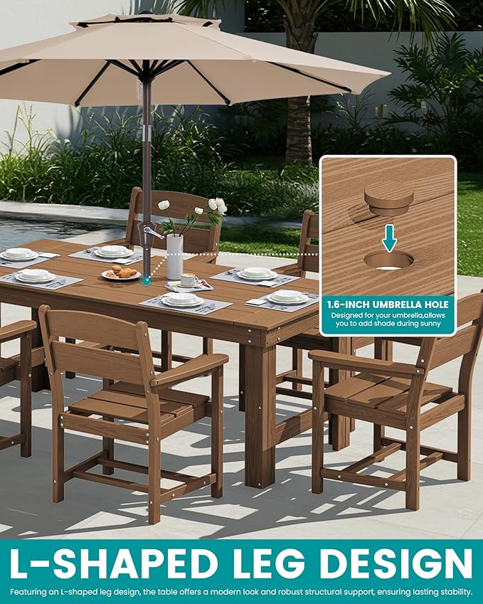 SERWALL Outdoor Dining Table Set, 67‘’ HDPE Patio Dining Set for 4, All-Weather Outdoor Table and Chairs Set for Deck, Brown