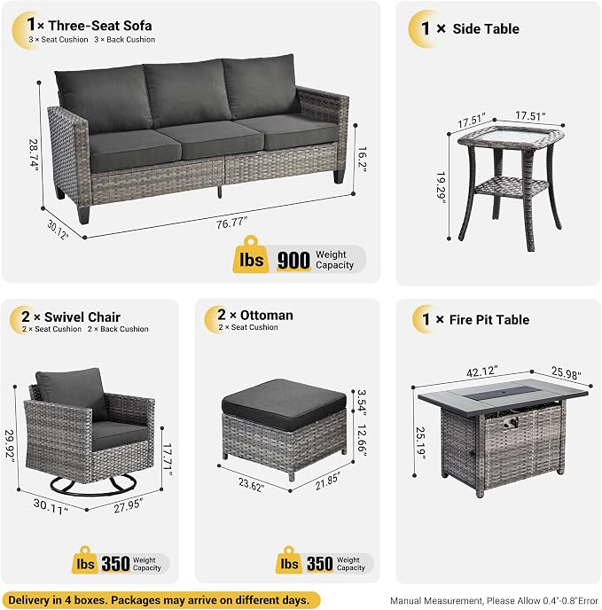 ovios 7 Pieces Patio Furniture Set with Rectangular Fire Pit Table, Swivel Rocking Chairs, Outdoor High Back Wicker Rattan Conversation Set for Deck Porch, Black