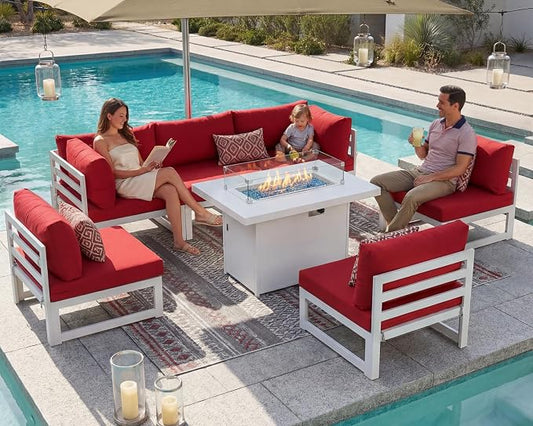 NICESOUL 7 Pcs Modern Aluminum Outdoor Patio Furniture Set with Fire Pit Table Propane/Gas, Extra Large All-Weather Modular Sectional Couch, 29" Wide Deep Seating Conversation Sofa for Outside, Red