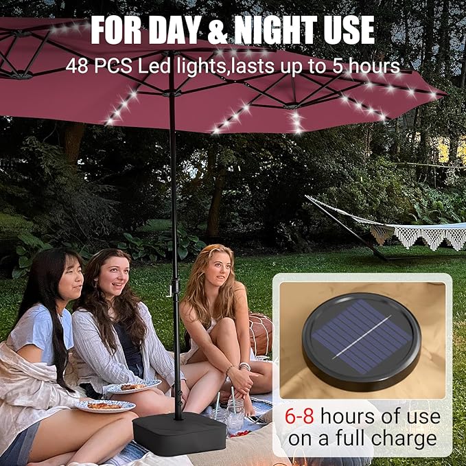 CHABATREE 14FT Large Patio Umbrella with Base & Solar LED Lights - Double-Sided,Red