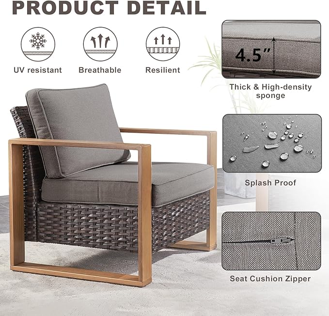 Rilyson Outdoor Wicker Patio Furniture Set - 5 Piece Patio Conversation Set with 2 Wicker Armrest Chairs,2 Rattan Ottoman, 1 Side Table, Sturdy Frame, Thick Cushions, Deep Seating(Brown/Grey)
